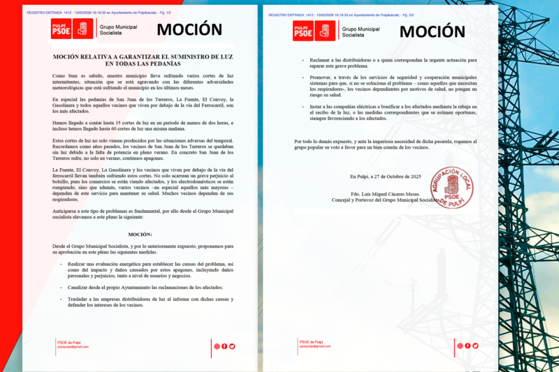 El PSOE DE PULPÍ PRESENTA UNA MOCIÓN DESTINADA A GARANTIZAR EL SUMINISTRO DE LUZ EN TODAS LAS PEDANÍAS